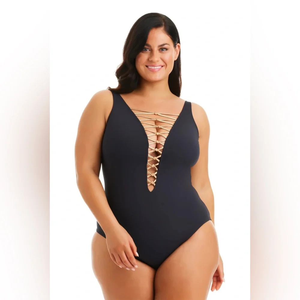 Bleu Rod Beattie Black Let’s Get Knotty Lace Up One Piece Swimsuit
